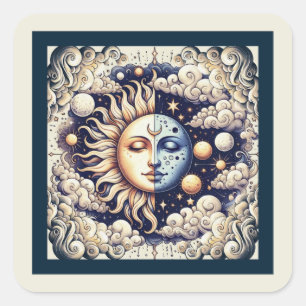Vintage Celestial Halb Sonne & Mond Blau Gelb Quadratischer Aufkleber