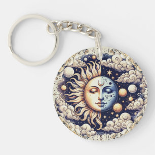 Vintage Celestial Halb Sonne & Mond Blau Gelb Schlüsselanhänger