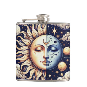 Vintage Celestial Halb Sun & Moon Blau gelb Flachmann
