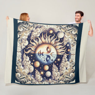 Vintage Celestial Halb Sun & Moon Blau gelb Fleecedecke