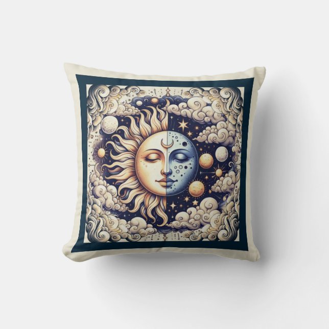 Vintage Celestial Halb Sun & Moon Blau gelb Kissen (Vorderseite)