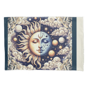 Vintage Celestial Halb Sun & Moon Blau gelb Kissenbezug