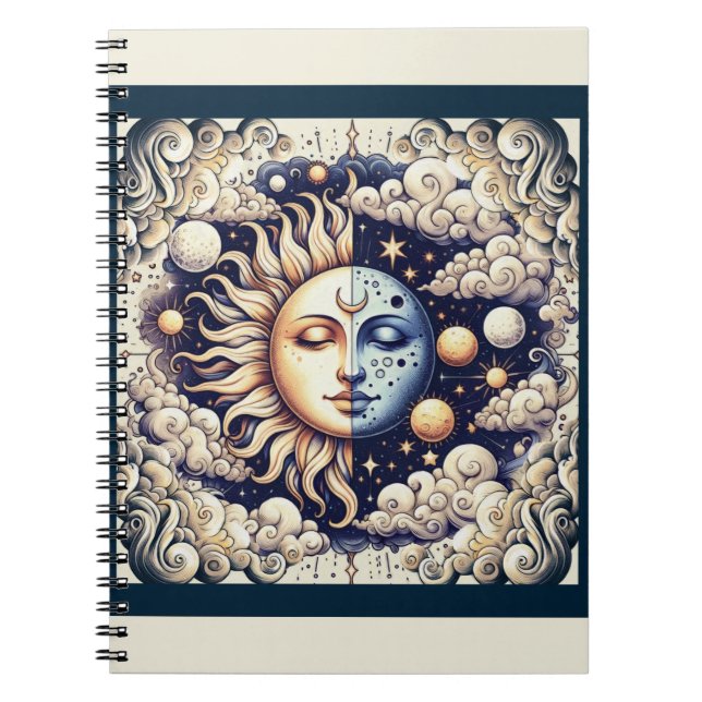 Vintage Celestial Halb Sun & Moon Blau gelb Notizblock (Vorderseite)