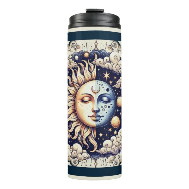 Vintage Celestial Halb Sun & Moon Blau gelb Thermosbecher (Vorderseite)