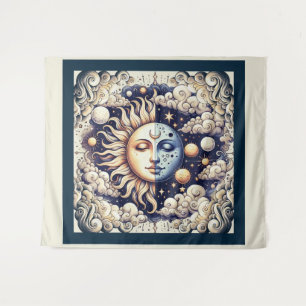 Vintage Celestial Halb Sun & Moon Blau gelb Wandteppich