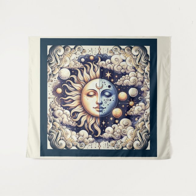 Vintage Celestial Halb Sun & Moon Blau gelb Wandteppich (Vorderseite (Horizontal))
