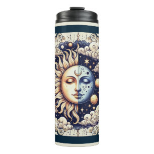 Vintage Celestial Halbmond und Sonne Blau Gelb Thermosbecher