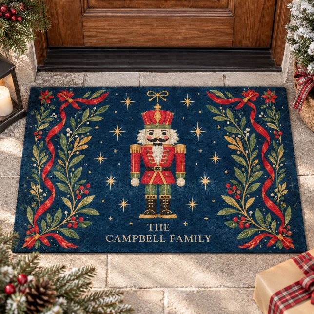 Vintage Celestial Nussknacker mit individuellem Fa Fußmatte (Custom family name holiday doormat featuring a vintage celestial nutcracker on a starry night.)