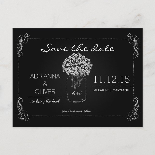 Vintage Chalkboard MasonJar Blume Save the Date Ankündigungspostkarte (Vorderseite)