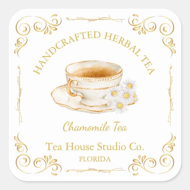 Vintage Chamomile Tea Square Label Quadratischer Aufkleber (Vorderseite)