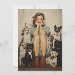 Vintage Charm = Eine junge Frau umgeben von Hunden Einladung