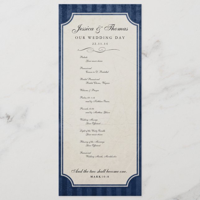 Vintage Charm Navy Blaues Hochzeitsprogramm Programm (Vorderseite)