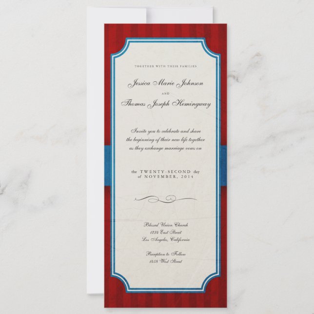 Vintage Charm Red & Blue Monogram Wedding Einladung (Vorderseite)