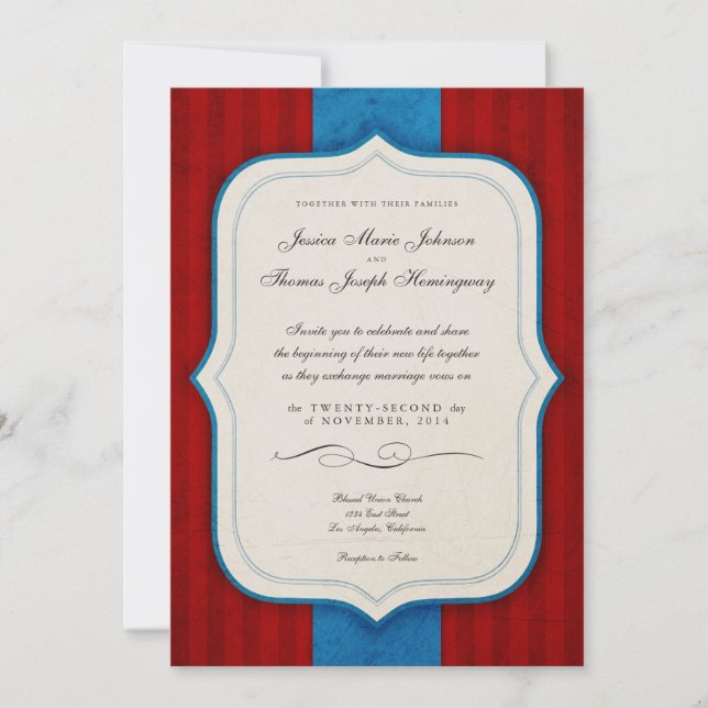 Vintage Charm Red & Blue Monogram Wedding Einladung (Vorderseite)