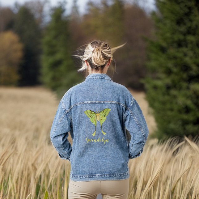 Vintage Chartreuse Luna Moth mit Monogrammname Jeansjacke (Von Creator hochgeladen)