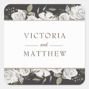 Vintage Cherish Weiße Florale Monogramm-Hochzeit Quadratischer Aufkleber