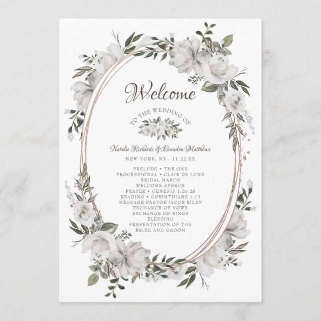 Vintage Cherish White Floral Oval Hochzeit Programm (Vorderseite)