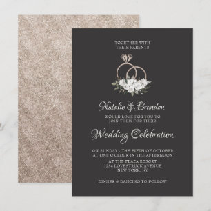 Vintage Cherish White Floral Rose & Rings Wedding Einladung