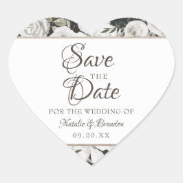 Vintage Cherish White Floral & Rose Save the Date Herz-Aufkleber
