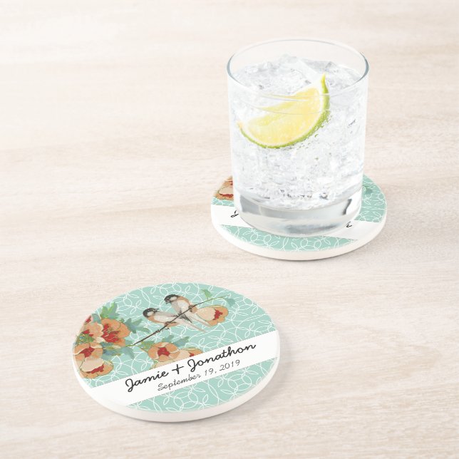 Vintage Cherry Blossom Love Bird Pfirsichminze Untersetzer (Seite)