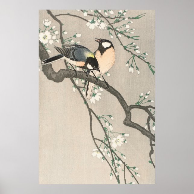 Vintage Cherry Blossom und Vogelmalerei Poster (Vorne)