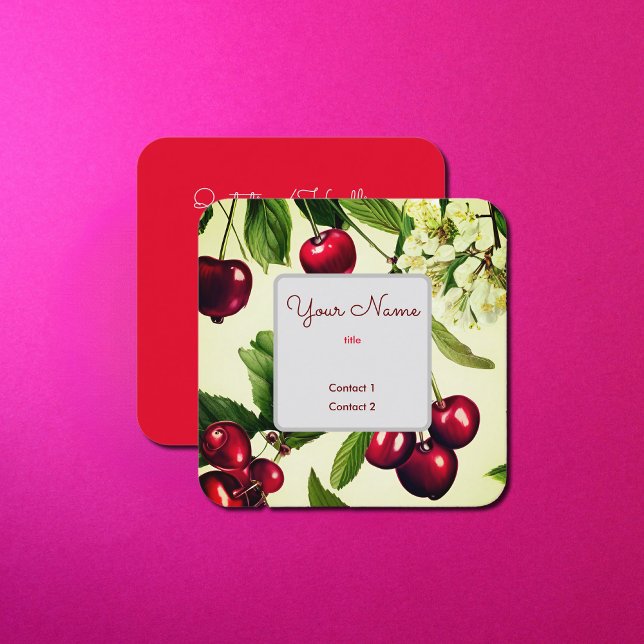 Vintage Cherry Illustration Square Business Card Quadratische Visitenkarte (Von Creator hochgeladen)