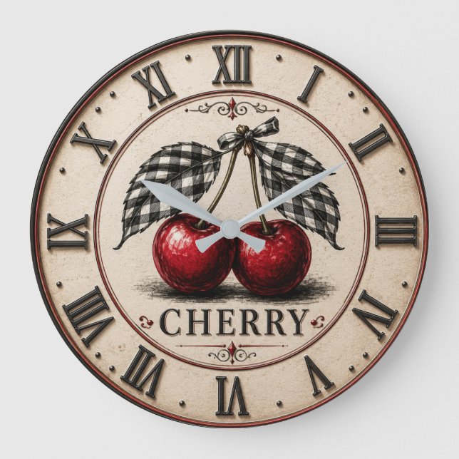 Vintage Cherry Rustic Farmhouse Fruit Kitchen  Große Wanduhr (Vorderseite)