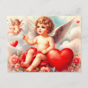 Vintage Cherub Engel mit rosa Rosen Postkarte