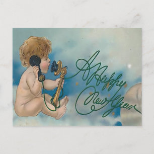 Vintage Cherub Telefonanruf Frohes Neues Jahr Postkarte