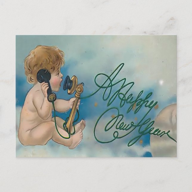Vintage Cherub Telephone Call | Happy New Year Postkarte (Vorderseite)