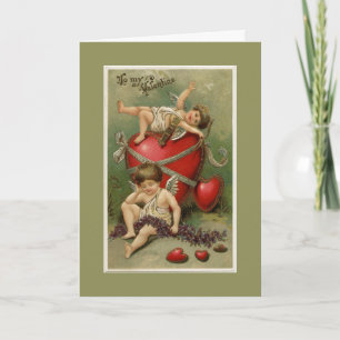 Vintage Cherubs und Valentine Hearts Green Feiertagskarte