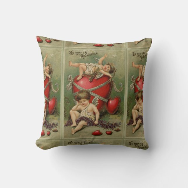 Vintage Cherubs und Valentine Hearts Green Kissen (Vorderseite)