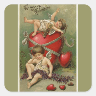 Vintage Cherubs und Valentine Hearts Green Quadratischer Aufkleber