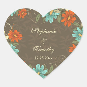 Vintage, chic aqua orange creme Hochzeitsaufkleber Herz-Aufkleber