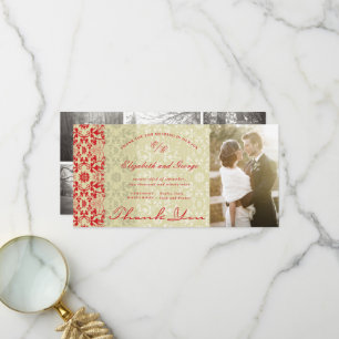 Vintage Chic Damast Lace Rot & Taupe Foto Hochzeit Dankeskarte