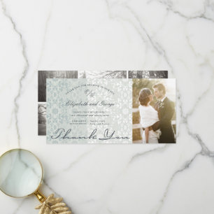 Vintage Chic Damast Spitze Puderblau Foto Hochzeit Dankeskarte