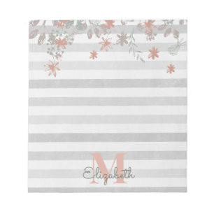 Vintage Chic Florale Streifen mit Namen-Monogramm Notizblock