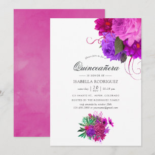 Vintage Chic Fuchsien- und Lila-Blumen-Quinceañera Einladung
