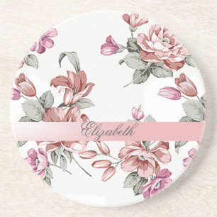 Vintage Chic Mädchenhafte Blumen-Personalisiert Sandstein Untersetzer