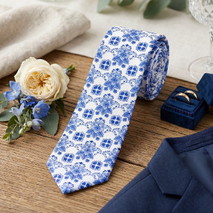 Vintage Chic Niederländisches Delft Blau Blumenkun Krawatte