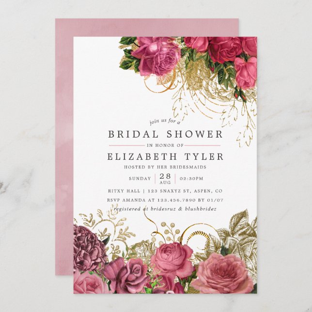 Vintage Chic Rose Gold und Blush Brautparty Einladung (Vorne/Hinten)