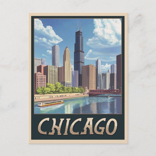 Vintage Chicago City Skyline Postkarte (Vorderseite)