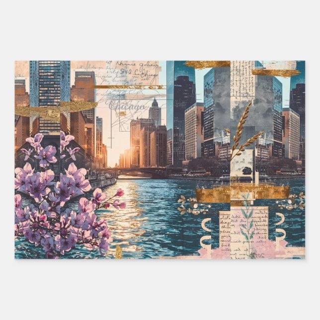 Vintage-Chicago-Collage Urbane Träumerei Geschenkpapier Set (Vorderseite)