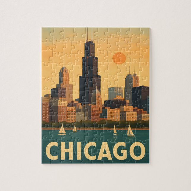 Vintage Chicago skyline, lake Michigan sailboat Puzzle (Vertikal)