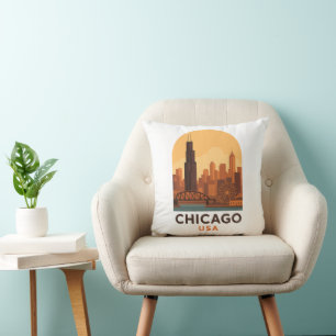 Vintage Chicago USA Reise Retro Stadt Skyline Kissen