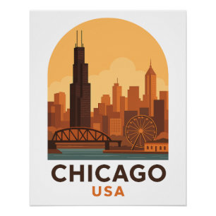 Vintage-Chicago-USA-Reiseplakat – Retro-Stadt-Skyl Poster