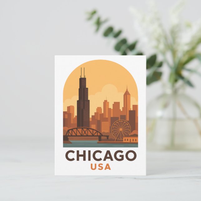 Vintage Chicago USA Travel – Retro City Sky Postkarte (Stehend Vorderseite)