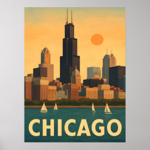 Vintage Chicagoer Skyline, Lake Michigan Segelboot Poster