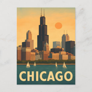 Vintage Chicagoer Skyline, Lake Michigan Segelboot Postkarte