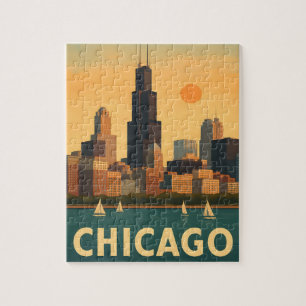 Vintage Chicagoer Skyline, Lake Michigan Segelboot Puzzle